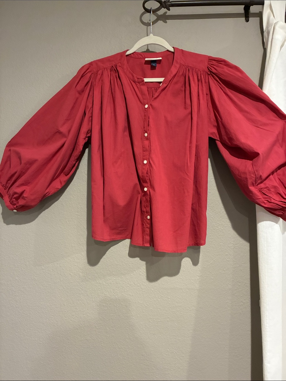 Classic Red Button-Front Puff Sleeve Top